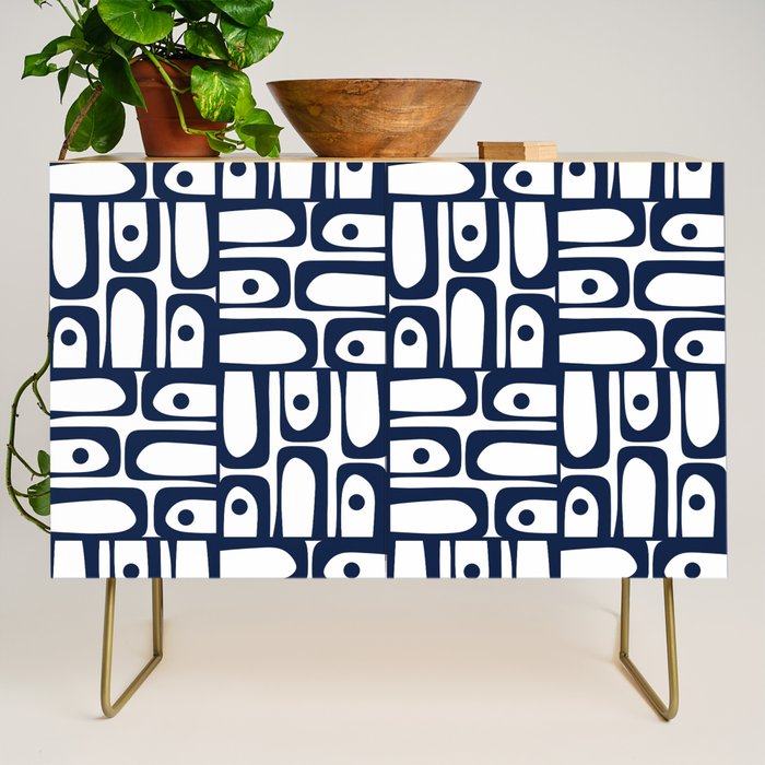 Mid Century Modern Piquet Abstract Multi Pattern in Nautical Navy Blue and White Credenza Gallery Image 1