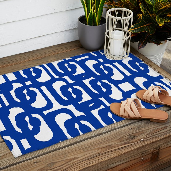 Bright Blue and White Mid-century Modern Loop Pattern  Outdoor Rug Gallery Image 2