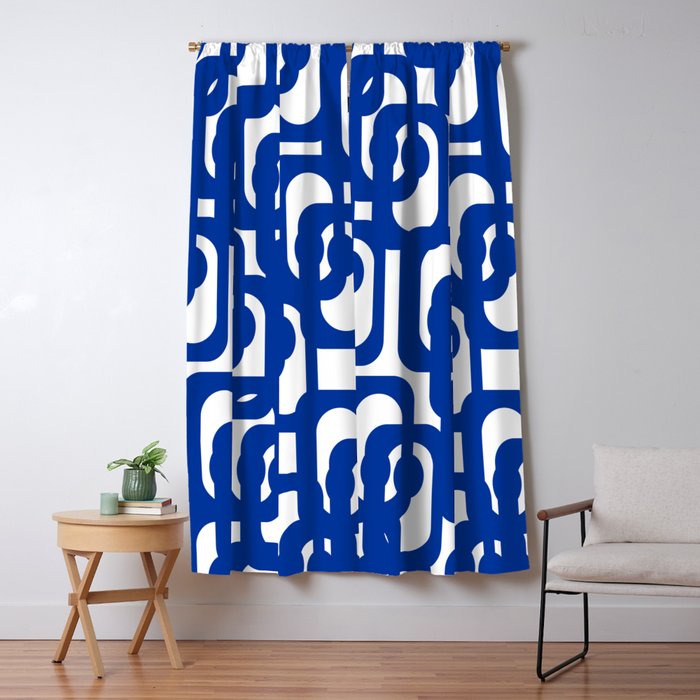 Bright Blue and White Mid-century Modern Loop Pattern  Window Curtain Gallery Image 1