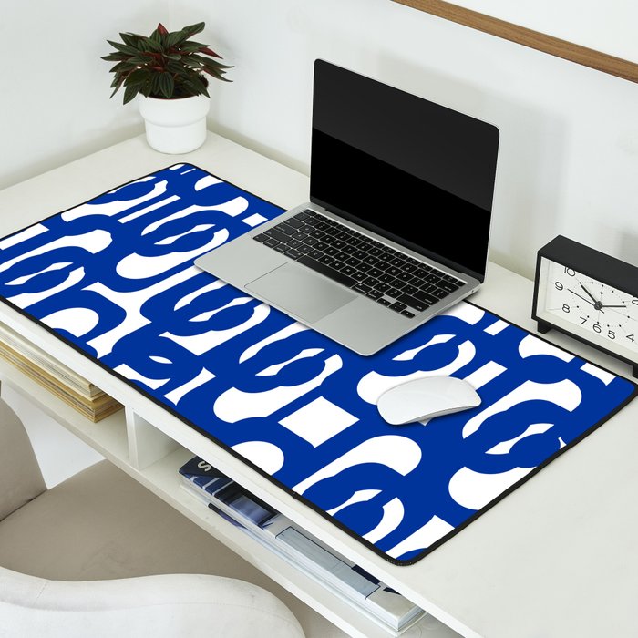 Bright Blue and White Mid-century Modern Loop Pattern  Desk Mat Gallery Image 2