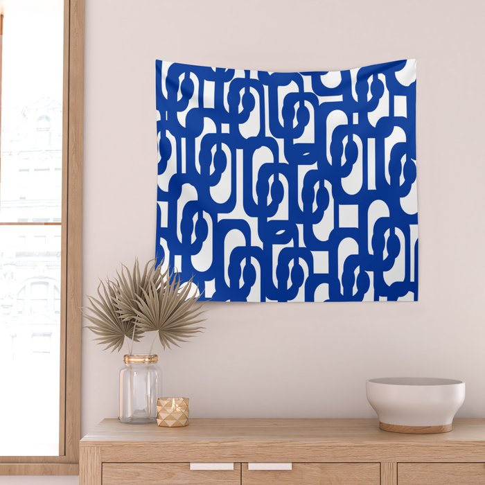 Bright Blue and White Mid-century Modern Loop Pattern  Wall Tapestry Gallery Image 2