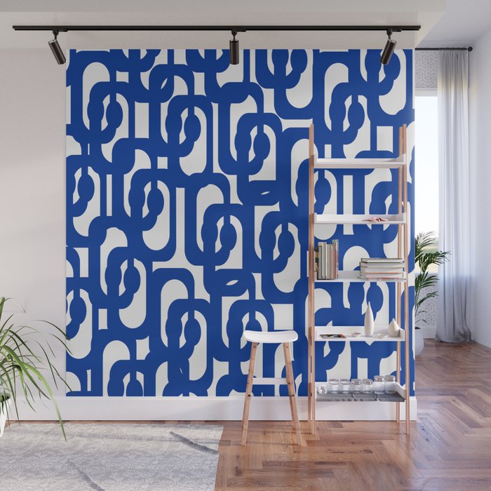 Bright Blue and White Mid-century Modern Loop Pattern  Wall Mural Gallery Image 1