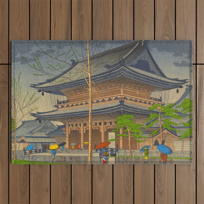 Rain in Higashi-Honganji Temple, Kyoto Asano Takeji Japanese Woodblock Print Outdoor Rug Gallery Image 1
