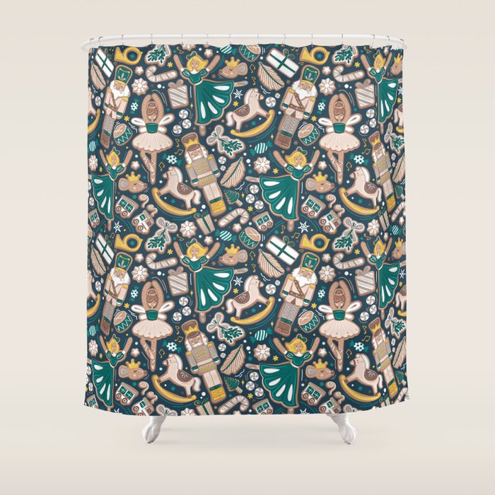 Nutcracker ballet gingerbread delicious biscuits // nile blue background beige forest and pine green sweet Christmas cookies Shower Curtain Gallery Image 1