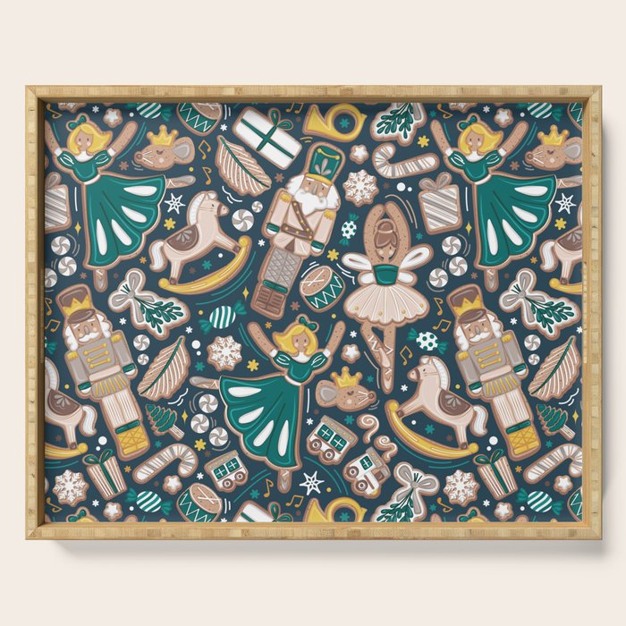 Nutcracker ballet gingerbread delicious biscuits // nile blue background beige forest and pine green sweet Christmas cookies Serving Tray Gallery Image 1