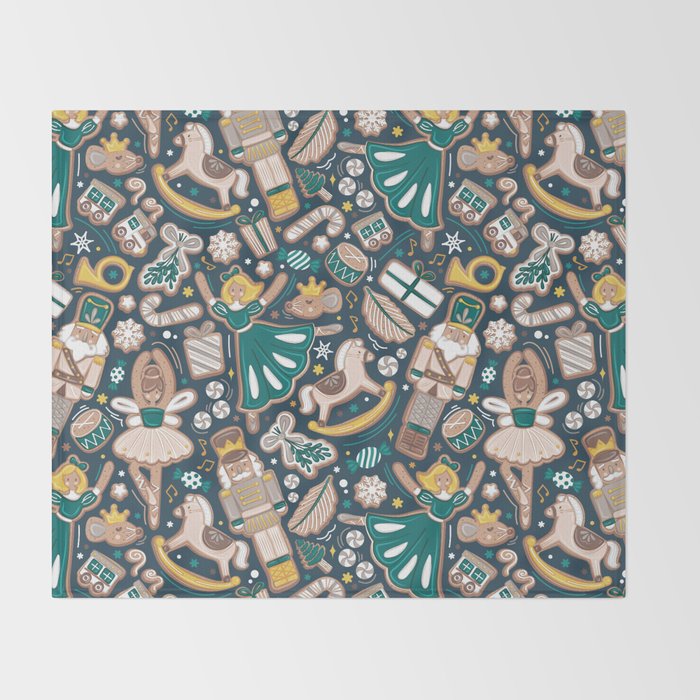 Nutcracker ballet gingerbread delicious biscuits // nile blue background beige forest and pine green sweet Christmas cookies Throw Blanket Gallery Image 2