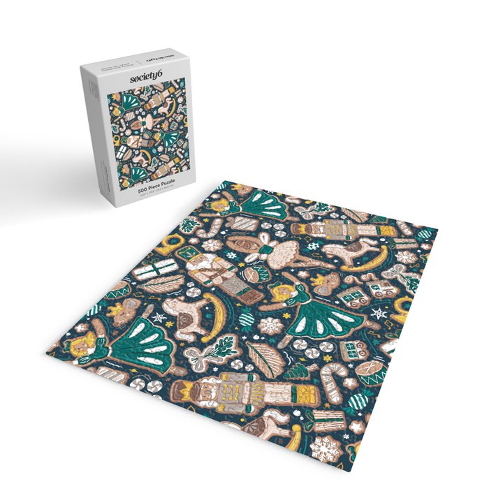 Nutcracker ballet gingerbread delicious biscuits // nile blue background beige forest and pine green sweet Christmas cookies Jigsaw Puzzle Gallery Image 2