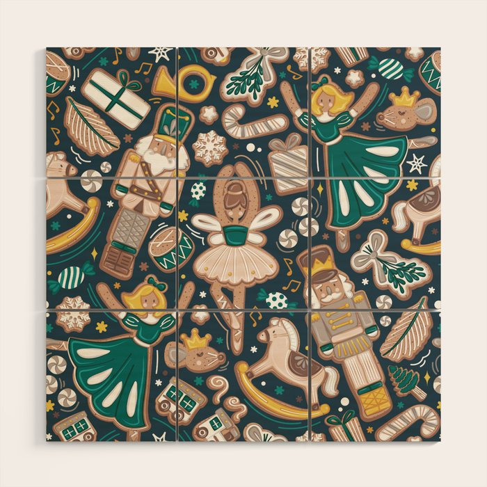 Nutcracker ballet gingerbread delicious biscuits // nile blue background beige forest and pine green sweet Christmas cookies Wood Wall Art Gallery Image 1
