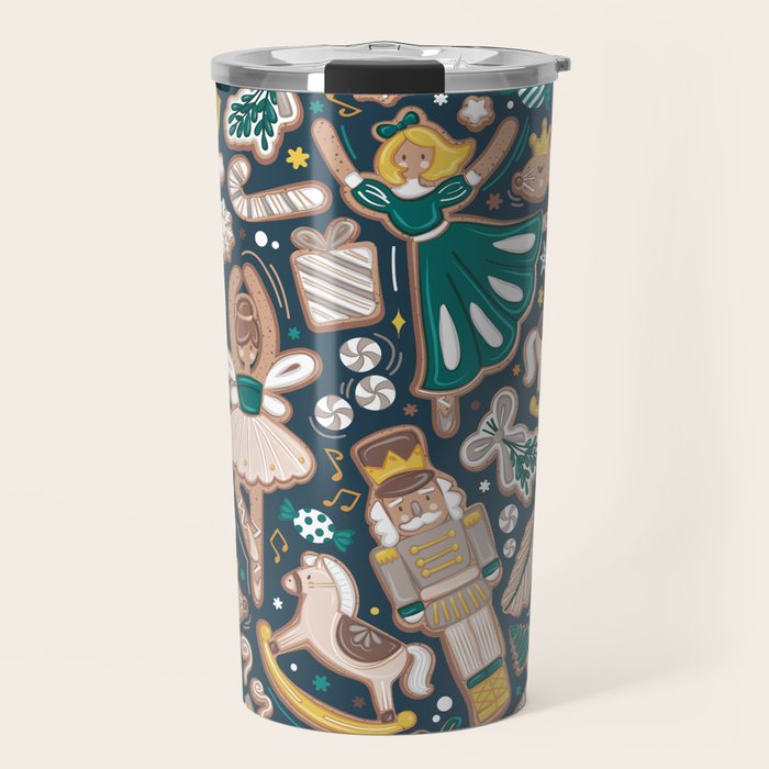 Nutcracker ballet gingerbread delicious biscuits // nile blue background beige forest and pine green sweet Christmas cookies Travel Mug Gallery Image 1