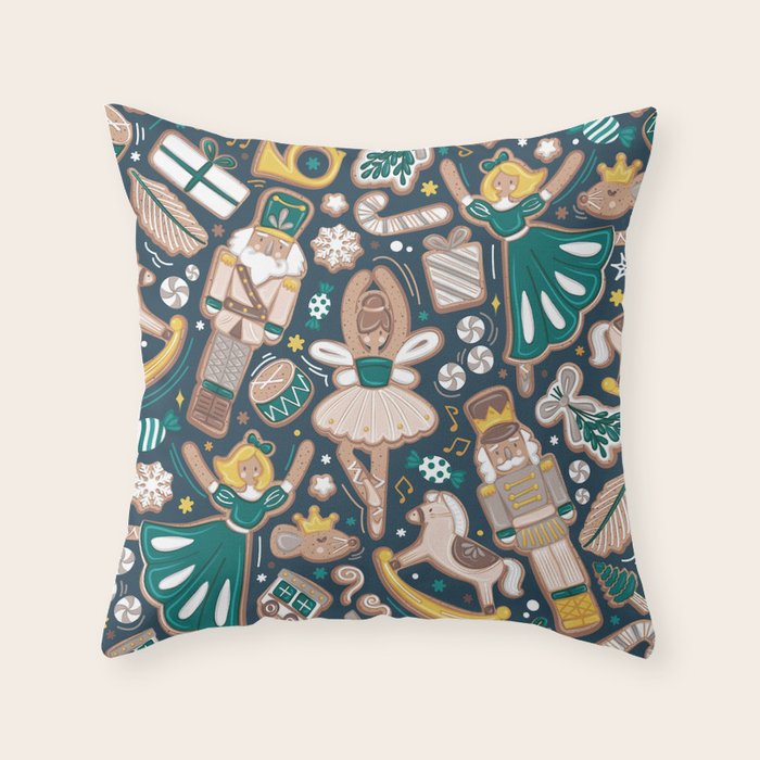 Nutcracker ballet gingerbread delicious biscuits // nile blue background beige forest and pine green sweet Christmas cookies Throw Pillow Gallery Image 6