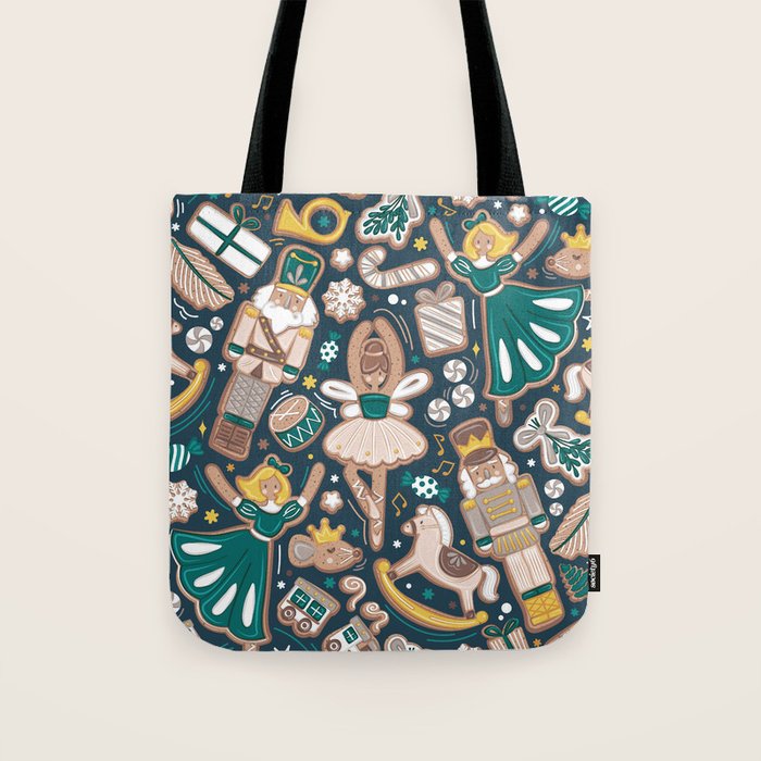 Nutcracker ballet gingerbread delicious biscuits // nile blue background beige forest and pine green sweet Christmas cookies Tote Bag Gallery Image 1