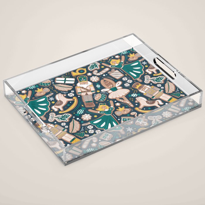 Nutcracker ballet gingerbread delicious biscuits // nile blue background beige forest and pine green sweet Christmas cookies Acrylic Tray Gallery Image 1