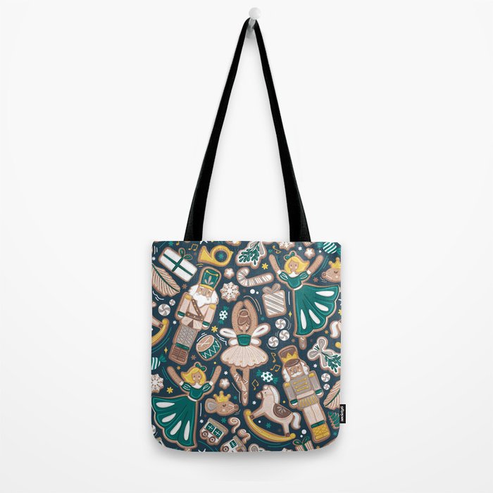 Nutcracker ballet gingerbread delicious biscuits // nile blue background beige forest and pine green sweet Christmas cookies Tote Bag Gallery Image 2