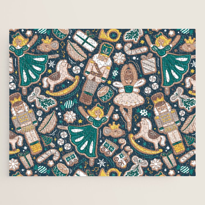 Nutcracker ballet gingerbread delicious biscuits // nile blue background beige forest and pine green sweet Christmas cookies Jigsaw Puzzle Gallery Image 1