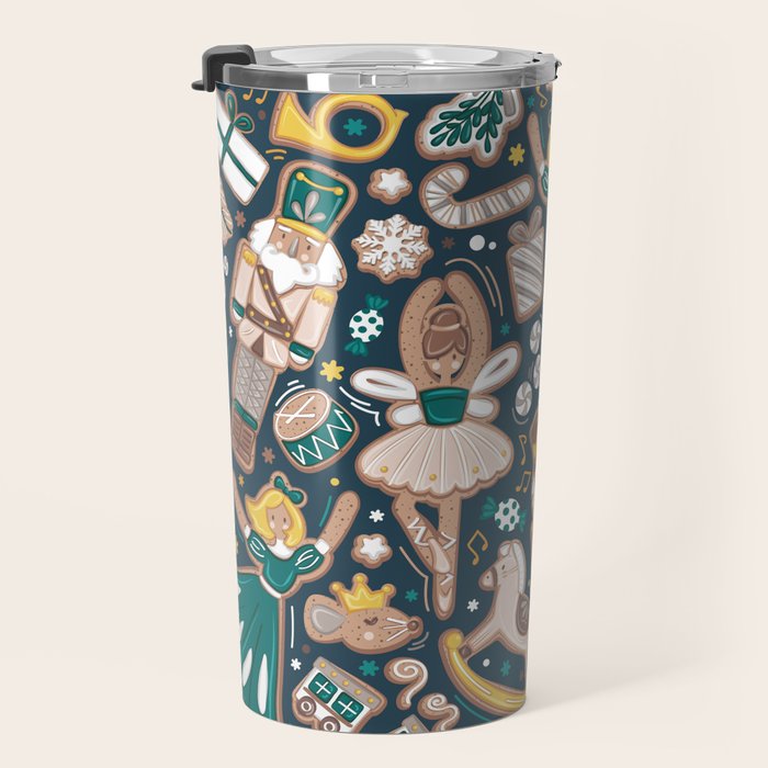 Nutcracker ballet gingerbread delicious biscuits // nile blue background beige forest and pine green sweet Christmas cookies Travel Mug Gallery Image 3