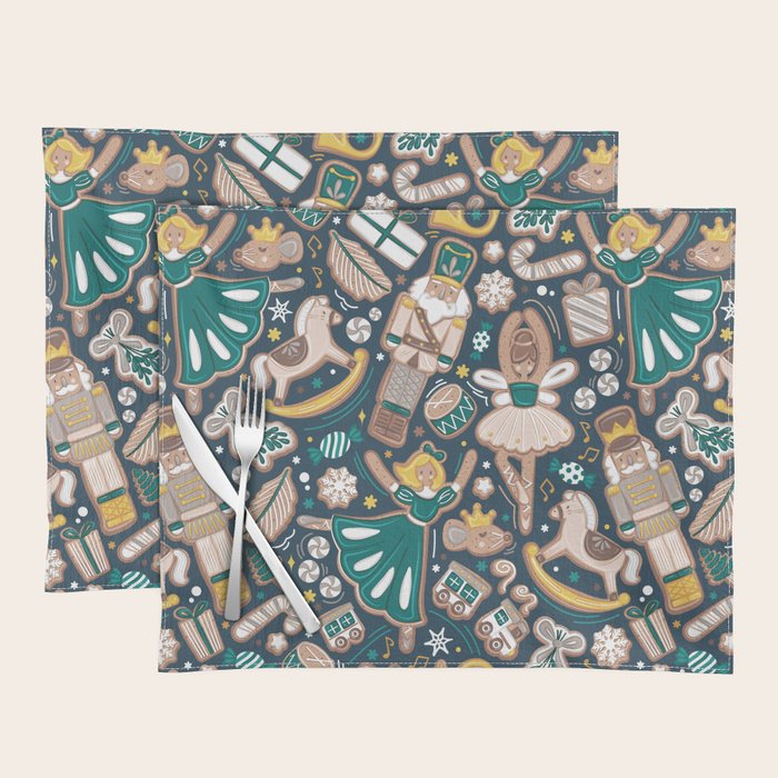 Nutcracker ballet gingerbread delicious biscuits // nile blue background beige forest and pine green sweet Christmas cookies Placemat Gallery Image 1