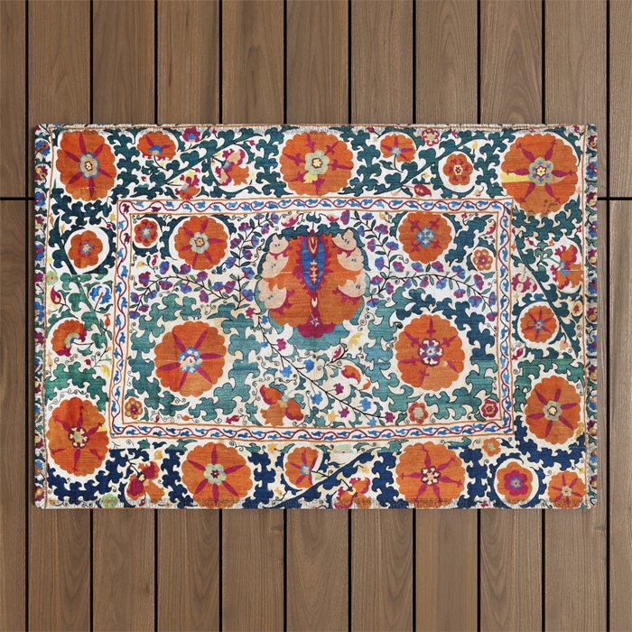 Shakhrisyabz Suzani Uzbekistan Antique Embroidery Print Outdoor Rug Gallery Image 1