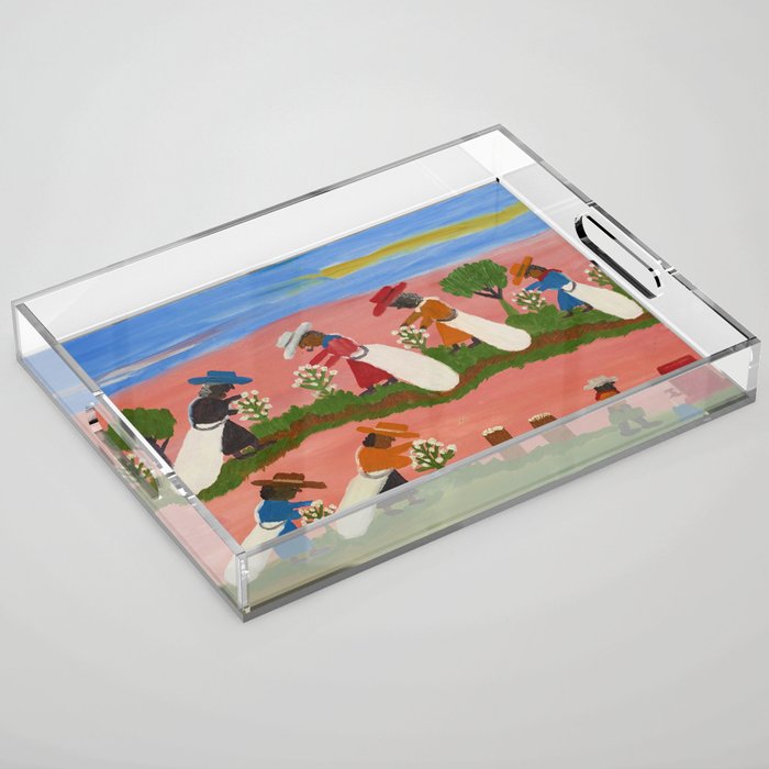 African American Masterpiece 'Six Figures Picking Cotton' folk art painting by Clementine Hunter Acrylic Tray Gallery Image 1