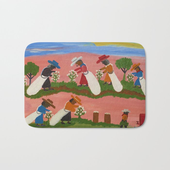 African American Masterpiece 'Six Figures Picking Cotton' folk art painting by Clementine Hunter Bath Mat Gallery Image 1