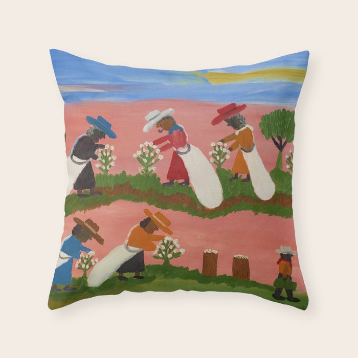 African American Masterpiece 'Six Figures Picking Cotton' folk art painting by Clementine Hunter Throw Pillow Gallery Image 6