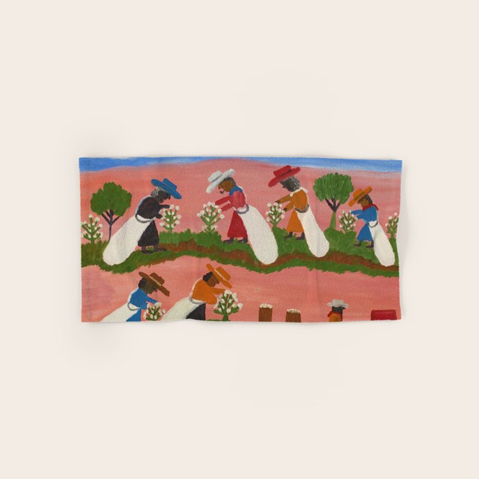 African American Masterpiece 'Six Figures Picking Cotton' folk art painting by Clementine Hunter Bath Towel Gallery Image 1