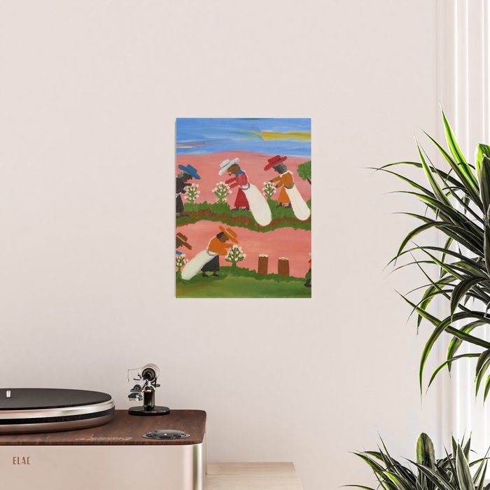 African American Masterpiece 'Six Figures Picking Cotton' folk art painting by Clementine Hunter Poster Gallery Image 2
