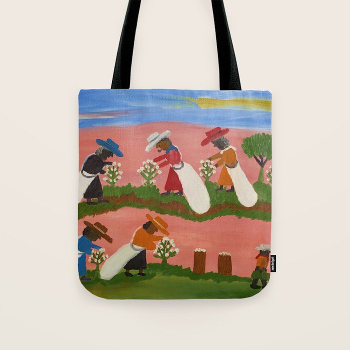 African American Masterpiece 'Six Figures Picking Cotton' folk art painting by Clementine Hunter Tote Bag Gallery Image 1