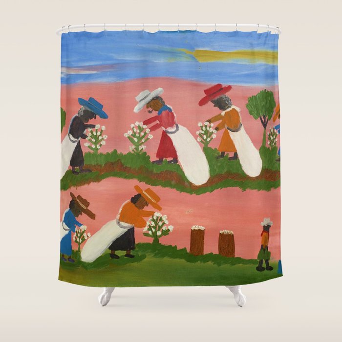 African American Masterpiece 'Six Figures Picking Cotton' folk art painting by Clementine Hunter Shower Curtain Gallery Image 1