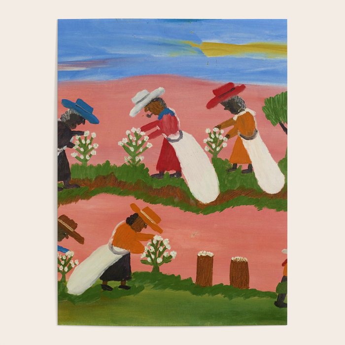 African American Masterpiece 'Six Figures Picking Cotton' folk art painting by Clementine Hunter Poster Gallery Image 4