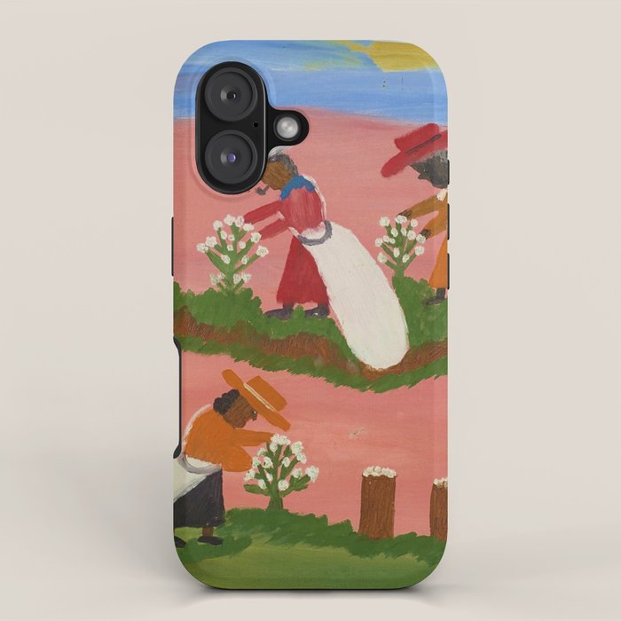African American Masterpiece 'Six Figures Picking Cotton' folk art painting by Clementine Hunter iPhone Case Gallery Image 1