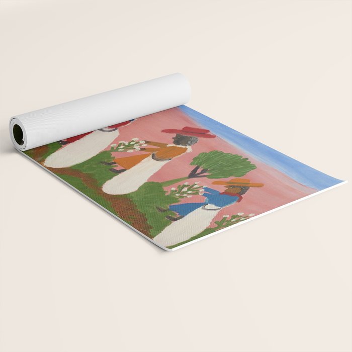 African American Masterpiece 'Six Figures Picking Cotton' folk art painting by Clementine Hunter Yoga Mat Gallery Image 2