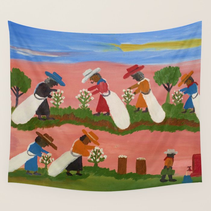 African American Masterpiece 'Six Figures Picking Cotton' folk art painting by Clementine Hunter Wall Tapestry Gallery Image 1