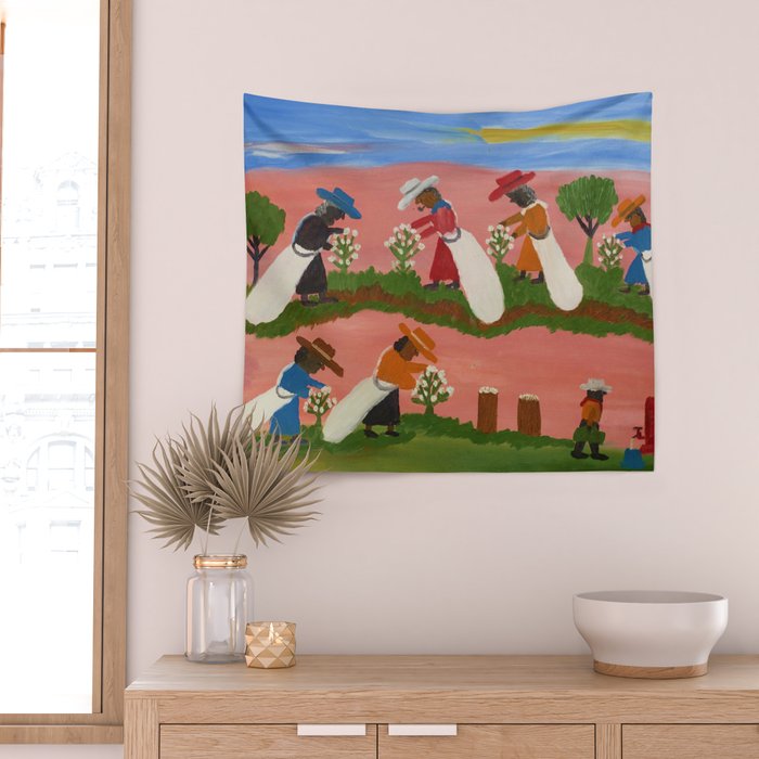 African American Masterpiece 'Six Figures Picking Cotton' folk art painting by Clementine Hunter Wall Tapestry Gallery Image 2