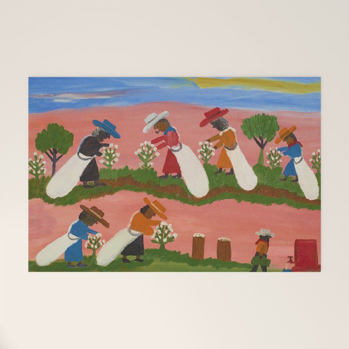 African American Masterpiece 'Six Figures Picking Cotton' folk art painting by Clementine Hunter Welcome Mat Gallery Image 1