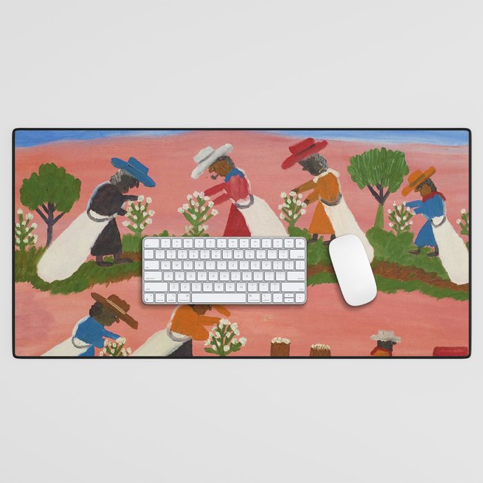 African American Masterpiece 'Six Figures Picking Cotton' folk art painting by Clementine Hunter Desk Mat Gallery Image 1