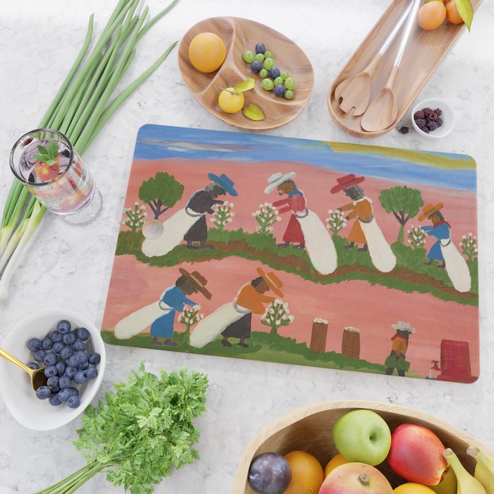African American Masterpiece 'Six Figures Picking Cotton' folk art painting by Clementine Hunter Cutting Board Gallery Image 2