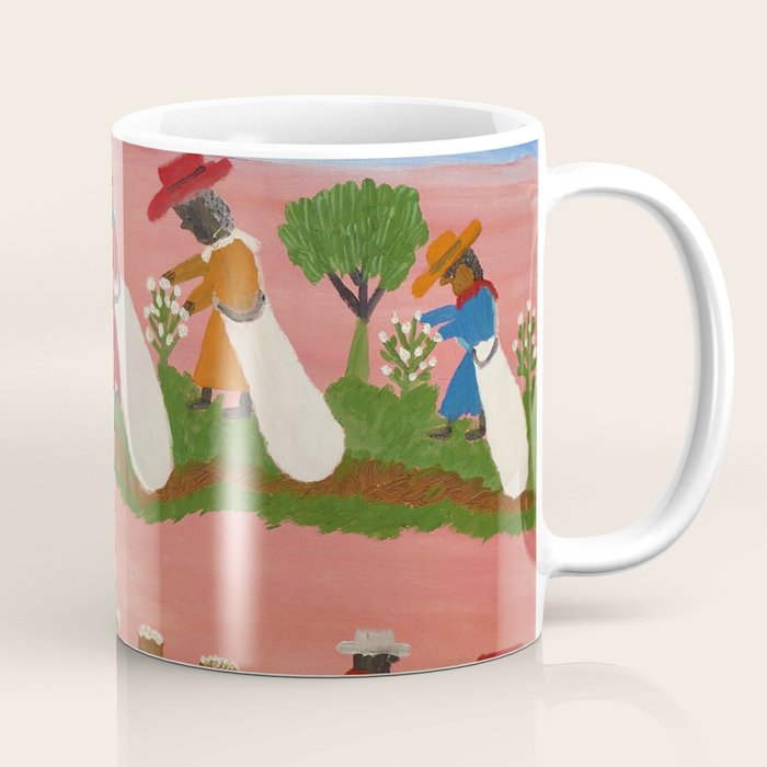 African American Masterpiece 'Six Figures Picking Cotton' folk art painting by Clementine Hunter Coffee Mug Gallery Image 1