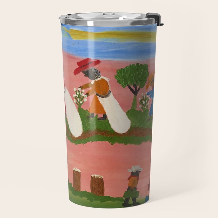 African American Masterpiece 'Six Figures Picking Cotton' folk art painting by Clementine Hunter Travel Mug Gallery Image 2