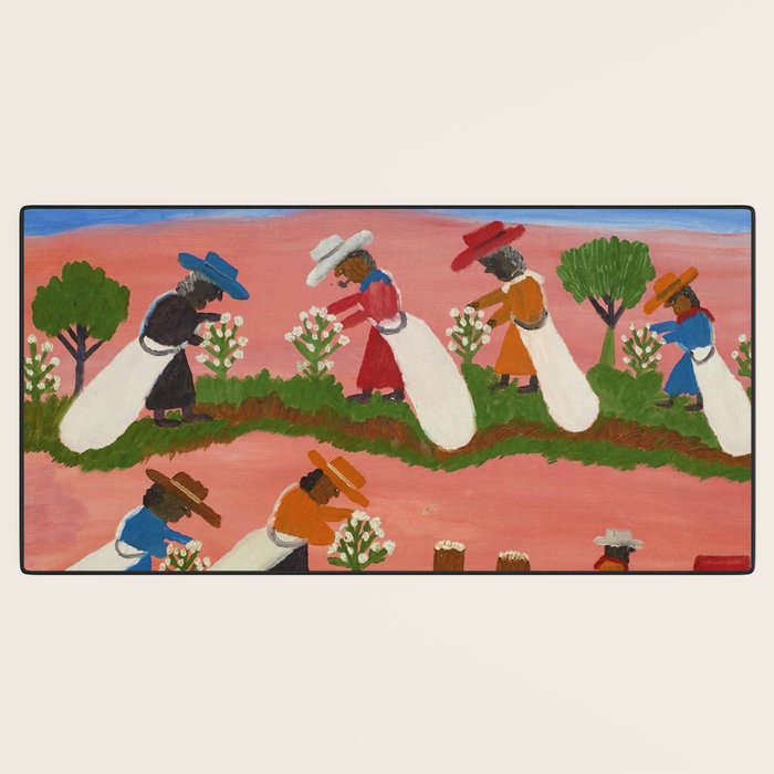 African American Masterpiece 'Six Figures Picking Cotton' folk art painting by Clementine Hunter Desk Mat Gallery Image 3