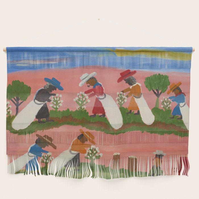 African American Masterpiece 'Six Figures Picking Cotton' folk art painting by Clementine Hunter Wall Hanging Gallery Image 1