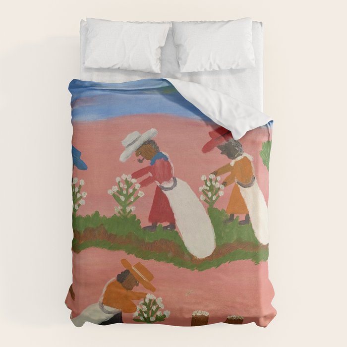 African American Masterpiece 'Six Figures Picking Cotton' folk art painting by Clementine Hunter Duvet Cover Gallery Image 6