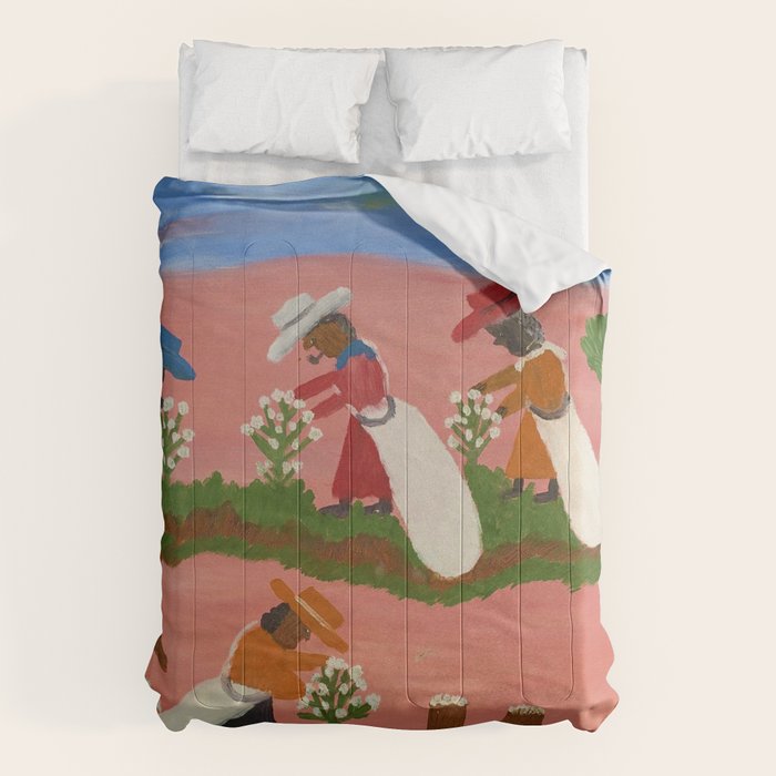 African American Masterpiece 'Six Figures Picking Cotton' folk art painting by Clementine Hunter Comforter Gallery Image 1