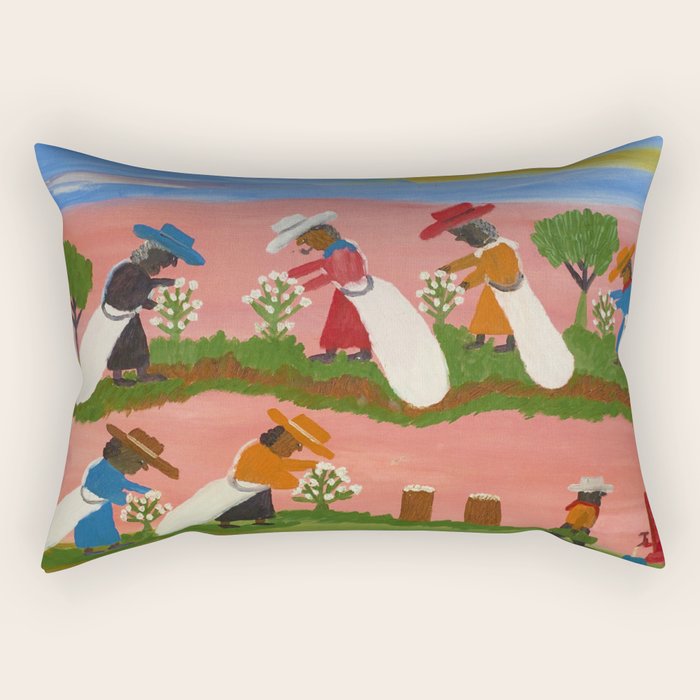 African American Masterpiece 'Six Figures Picking Cotton' folk art painting by Clementine Hunter Rectangular Pillow Gallery Image 1