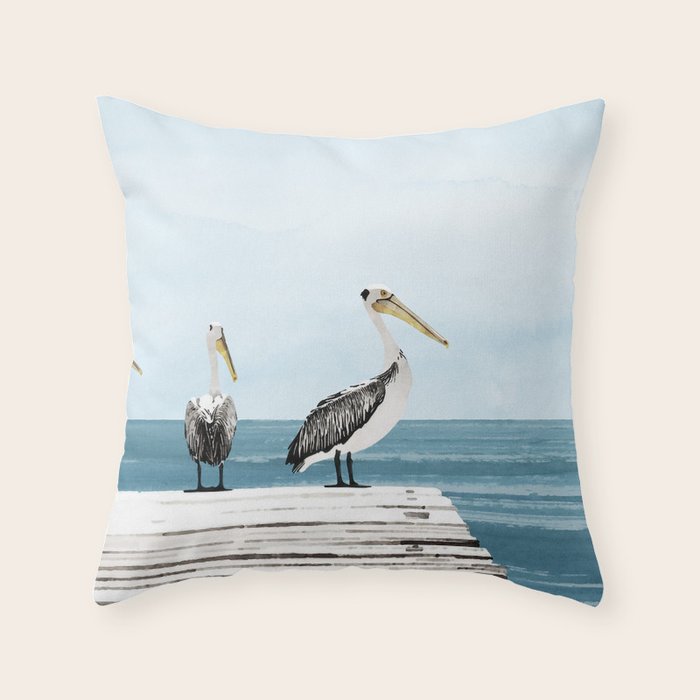 Pelicans on a Pier Watercolor Illustration Throw Pillow Gallery Image 6