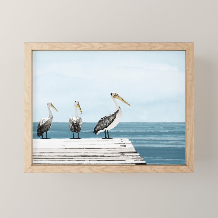 Pelicans on a Pier Watercolor Illustration Mini Art Print Gallery Image 1