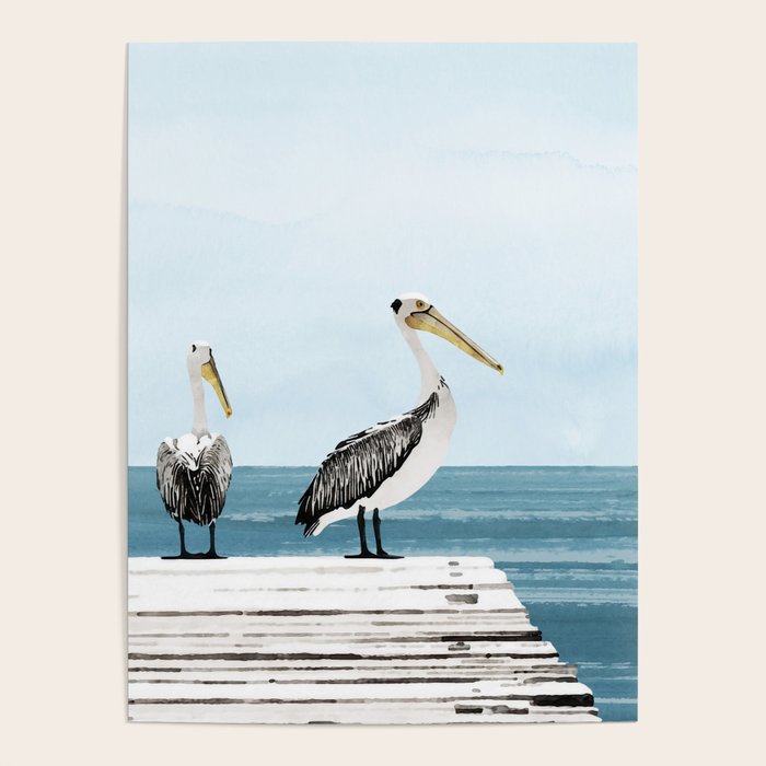 Pelicans on a Pier Watercolor Illustration Poster Gallery Image 4