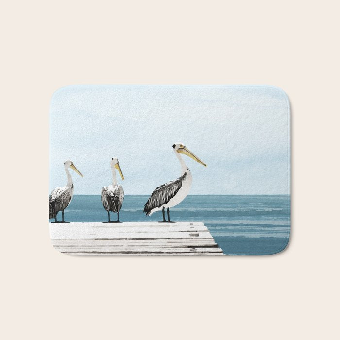 Pelicans on a Pier Watercolor Illustration Bath Mat Gallery Image 1