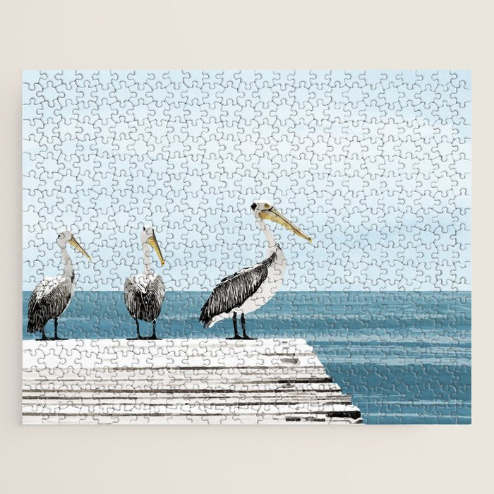 Pelicans on a Pier Watercolor Illustration Jigsaw Puzzle Gallery Image 1