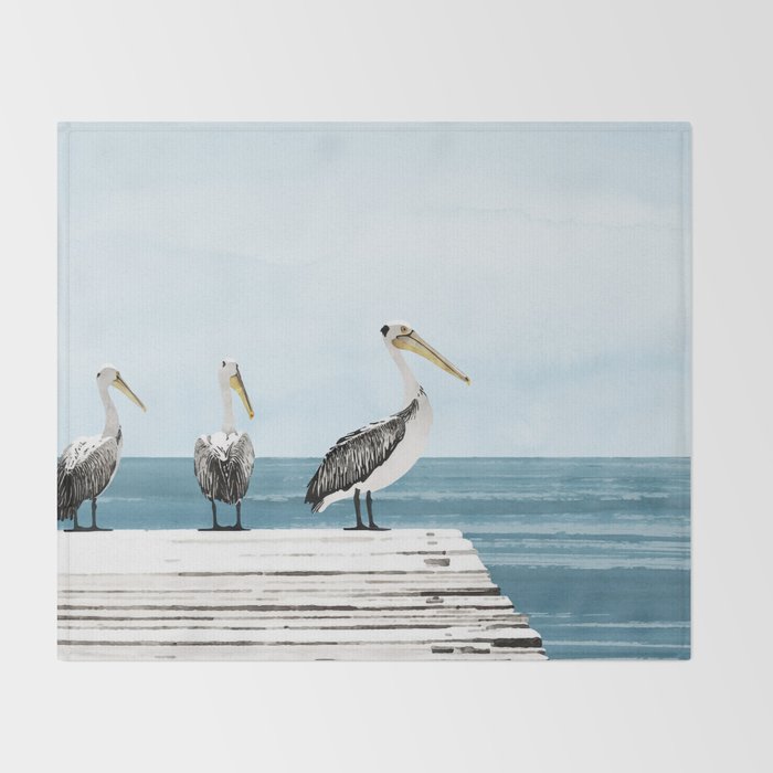 Pelicans on a Pier Watercolor Illustration Throw Blanket Gallery Image 2