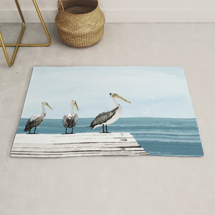 Pelicans on a Pier Watercolor Illustration Rug Gallery Image 1
